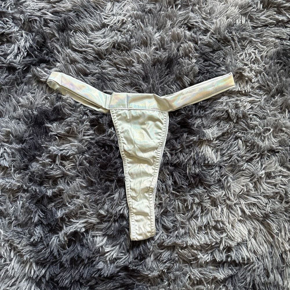 Iridescent Metallic Thong Bikini Bottom | High Cut Holographic Swimwear | Silver